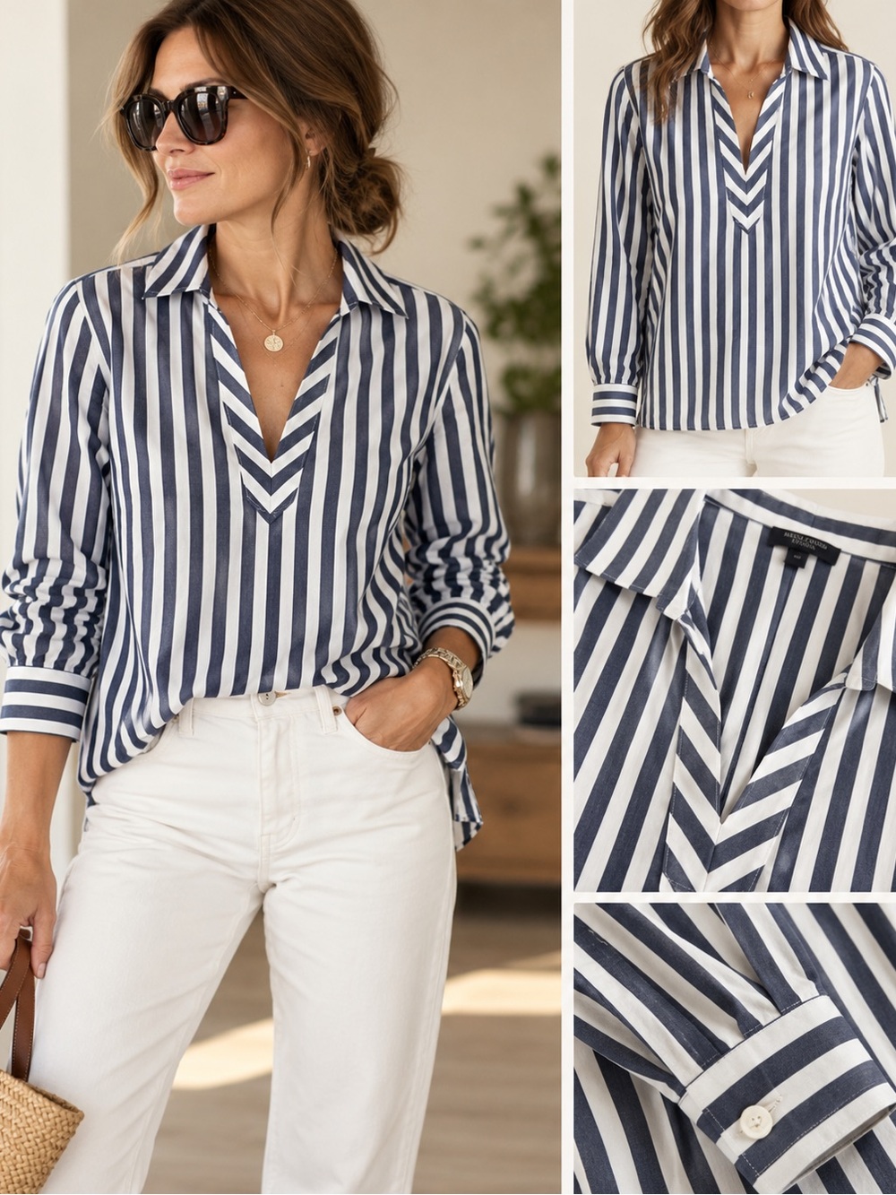 Saint James Navy and White Vertical Stripe V-Neck Tunic